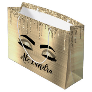 Gold Glitter Sparkle Eyelashes Monogram Name Large Gift Bag