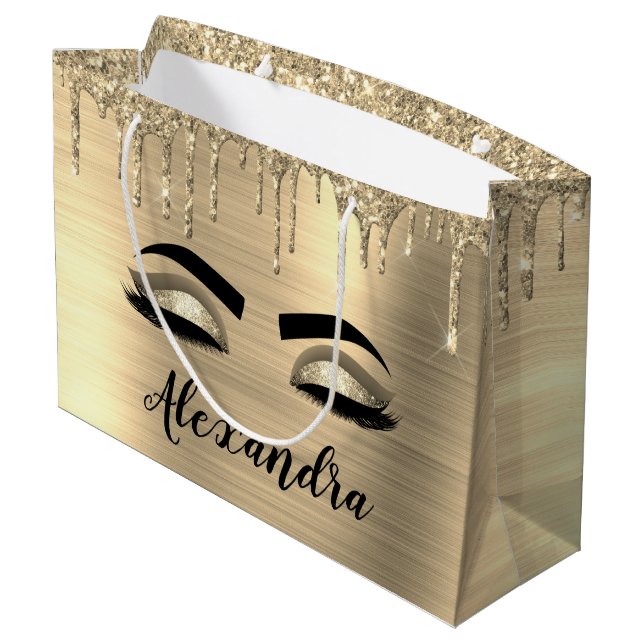 Gold Glitter Sparkle Eyelashes Monogram Name Large Gift Bag (Back Angled)