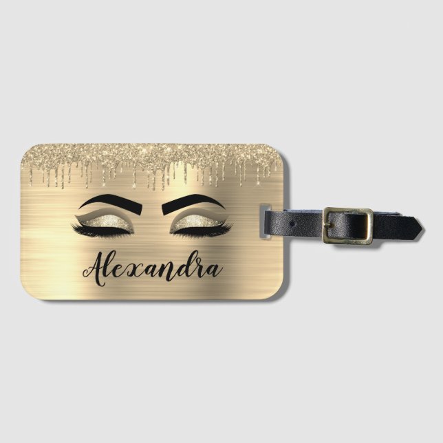 Gold Glitter Sparkle Eyelashes Monogram Name Luggage Tag (Front Horizontal)