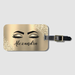 Gold Glitter Sparkle Eyelashes Monogram Name Luggage Tag