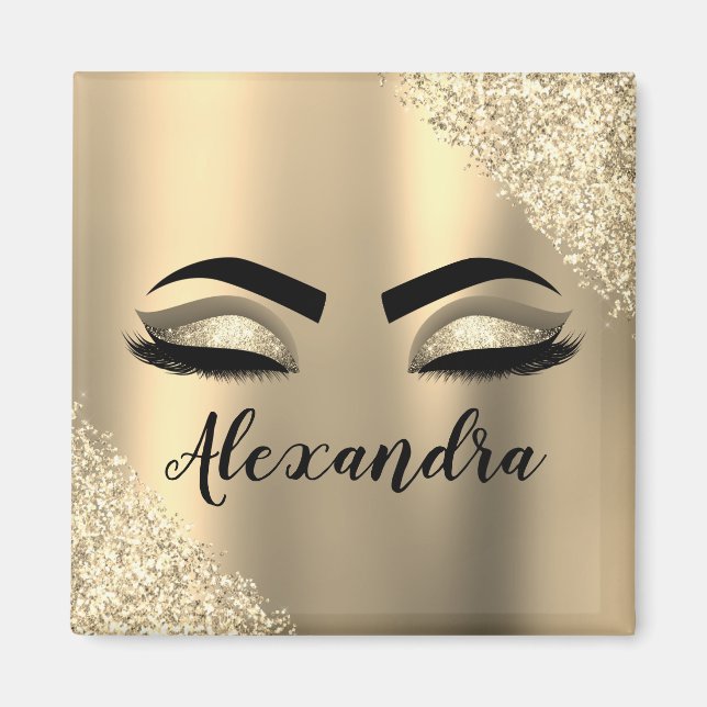 Gold Glitter Sparkle Eyelashes Monogram Name Magnet (Front)