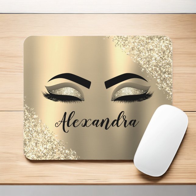 Gold Glitter Sparkle Eyelashes Monogram Name Mouse Mat (Creator Uploaded)