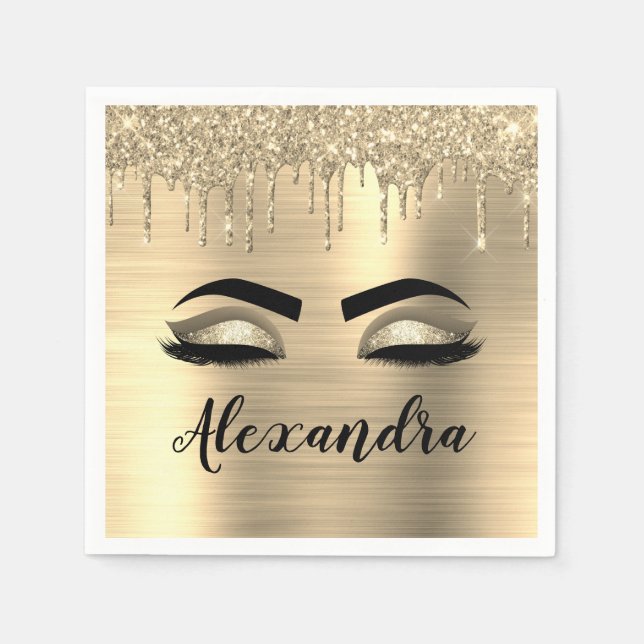 Gold Glitter Sparkle Eyelashes Monogram Name Napkin (Front)