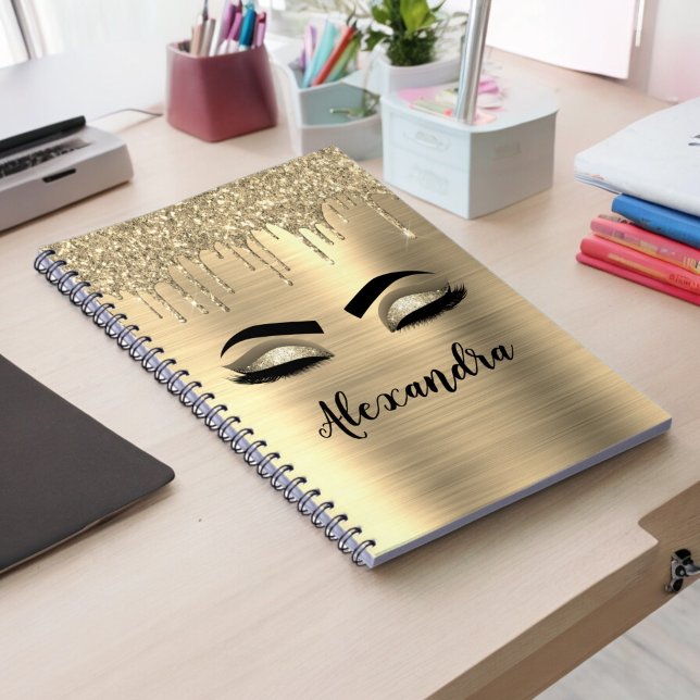 Gold Glitter Sparkle Eyelashes Monogram Name Notebook (Creator Uploaded)