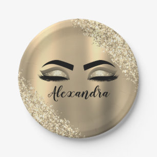 Gold Glitter Sparkle Eyelashes Monogram Name Paper Plate