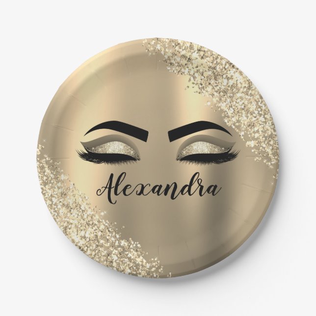 Gold Glitter Sparkle Eyelashes Monogram Name Paper Plate (Front)