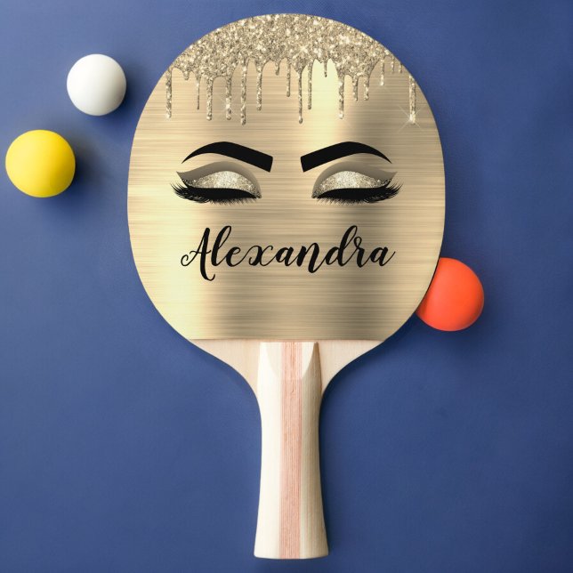 Gold Glitter Sparkle Eyelashes Monogram Name Ping Pong Paddle (Creator Uploaded)