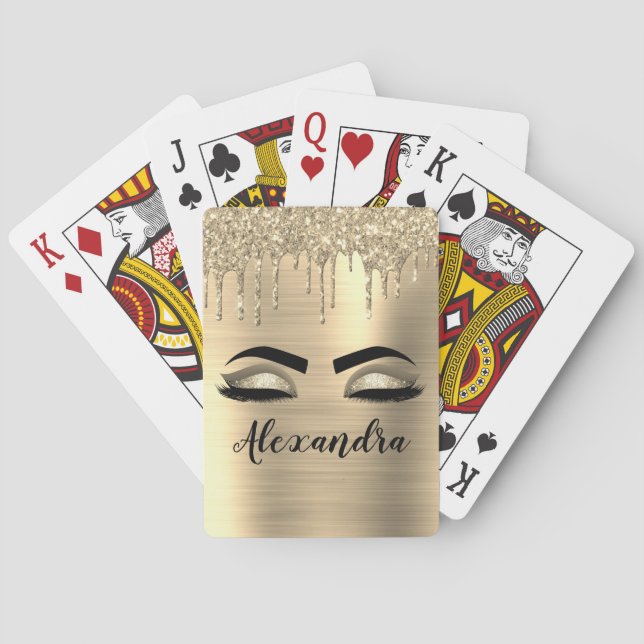 Gold Glitter Sparkle Eyelashes Monogram Name Playing Cards (Back)