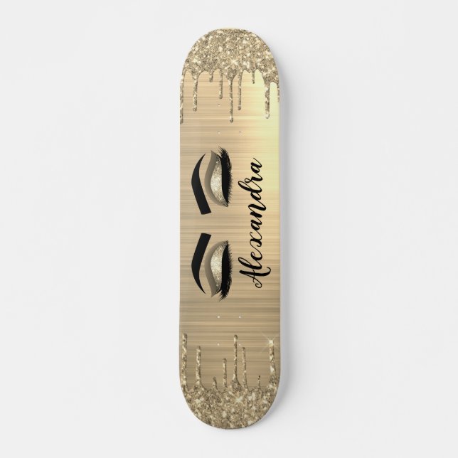 Gold Glitter Sparkle Eyelashes Monogram Name Skateboard (Front)