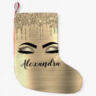 Gold Glitter Sparkle Eyelashes Monogram Name Small Christmas Stocking