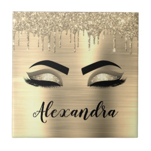 Gold Glitter Sparkle Eyelashes Monogram Name Tile
