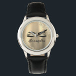 Gold Glitter Sparkle Eyelashes Monogram Name Watch<br><div class="desc">Gold Faux Foil Metallic Sparkle Glitter Brushed Metal Monogram Name and Initial Eyelashes (Lashes),  Eyelash Extensions and Eyes Makeup Watch. This makes the perfect sweet 16 birthday,  wedding,  bridal shower,  anniversary,  baby shower or bachelorette party gift for someone decorating her room in trendy cool style.</div>