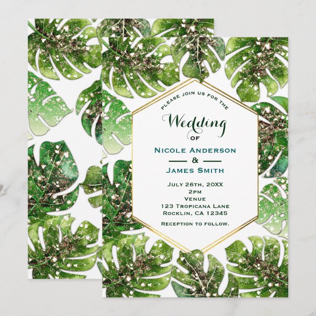 Gold Glitter Sparkle Glam Tropical Leaves Wedding Invitation (Front/Back)