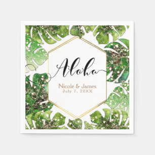 Gold Glitter Sparkle Glam Tropical Leaves Wedding Napkin