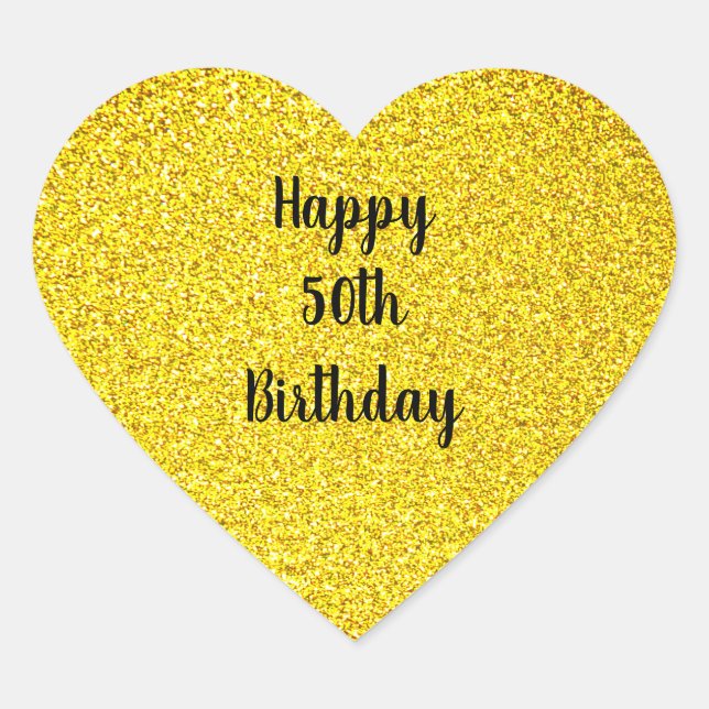 Gold Glitter Sparkle Happy Custom Age 50 Birthday Heart Sticker (Front)