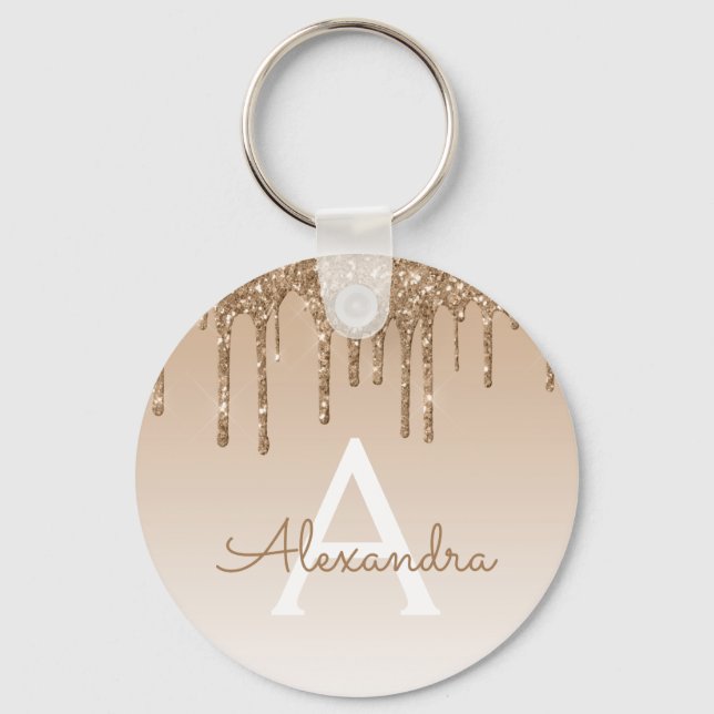 Gold Glitter & Sparkle Luxury Monogram Key Ring (Front)