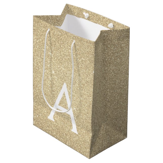 Gold Glitter & Sparkle Monogram Medium Gift Bag (Front Angled)