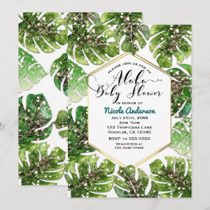 Gold Glitter Sparkle Tropical Leaves Baby Shower Invitation