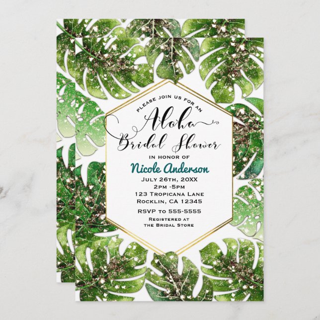 Gold Glitter Sparkle Tropical Leaves Bridal Shower Invitation (Front/Back)