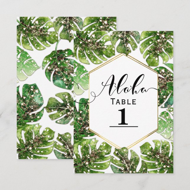 Gold Glitter Sparkle Tropical Leaves Table Number (Front/Back)