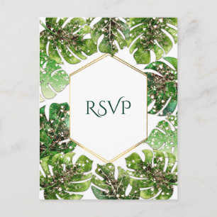 Gold Glitter Sparkle Tropical Leaves Wedding RSVP Invitation Postcard