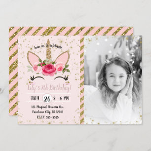 Gold Glitter Sparkle Unicorn Birthday Party Photo Invitation