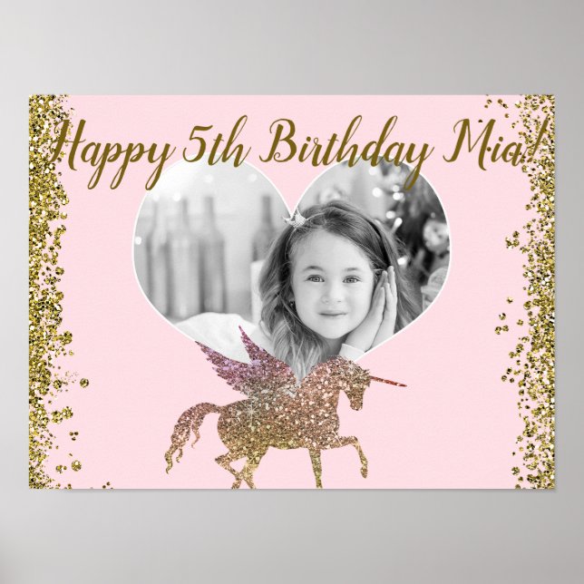 Gold Glitter Sparkle Unicorn Photo Birthday Party Poster (Front)