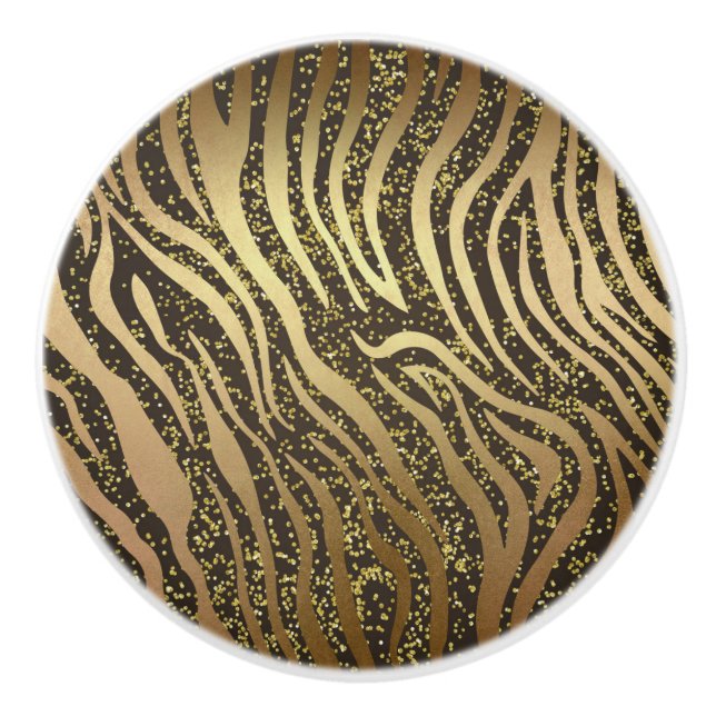 Gold Glitter Sparkle Zebra Jungle Safari Glam Ceramic Knob (Front)