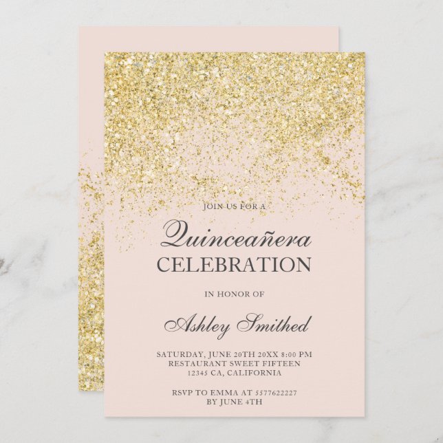 Gold glitter sparkles blush chic Quinceañera Invitation (Front/Back)
