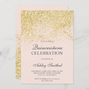 Gold glitter sparkles blush chic Quinceañera Invitation