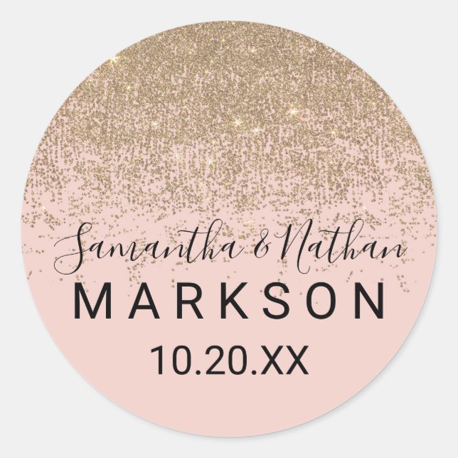 Gold Glitter Sparkles Blush Pink Wedding Stickers (Front)