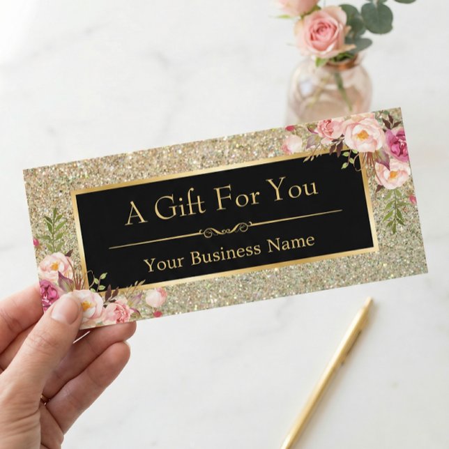 Gold Glitter Sparkles Floral Gift Certificate Card (Creator Uploaded)