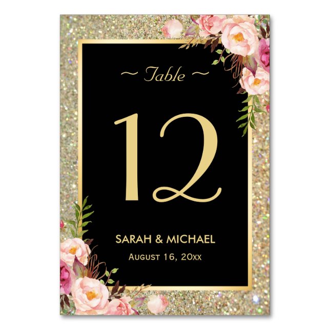 Gold Glitter Sparkles Floral Wedding Table Number (Front)