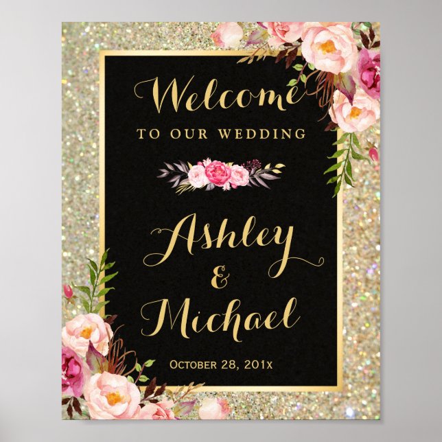 Gold Glitter Sparkles Floral Wedding Welcome Sign (Front)