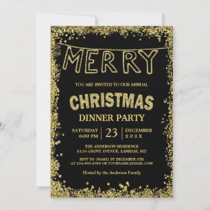 Gold Glitter Sparkles Merry Christmas Dinner Party Invitation
