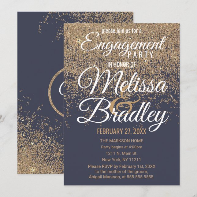 Gold Glitter Sparkles Navy Blue Engagement Invitation (Front/Back)