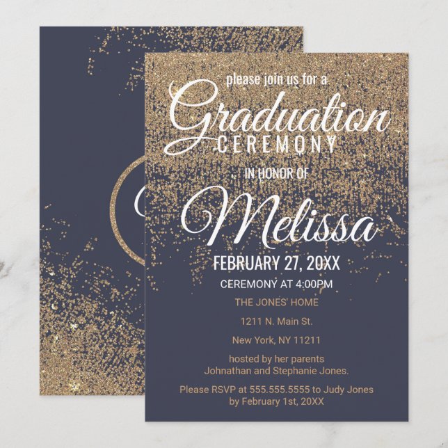 Gold Glitter Sparkles Navy Blue Graduation Invitation (Front/Back)