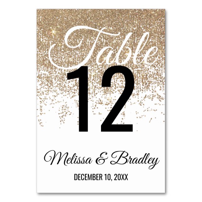 Gold Glitter Sparkles White Table Number (Front)