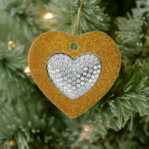 Gold glitter sparkly heart ceramic tree decoration