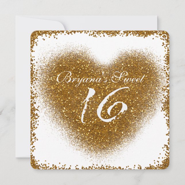 Gold Glitter Spill Sweet 16 Heart Glam Invitations (Front)