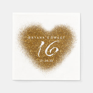 Gold Glitter Spill Sweet 16 Heart Party Napkins