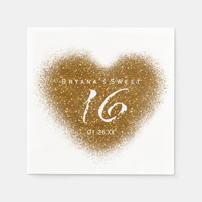 Gold Glitter Spill Sweet 16 Heart Party Napkins (Front)