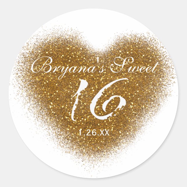Gold Glitter Spill Sweet 16 Heart Party Stickers (Front)