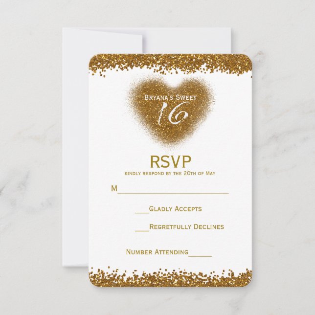 Gold Glitter Spill Sweet 16 Heart RSVP Card (Front)