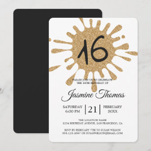 Gold Glitter Splash Sweet 16 16th Birthday Party Invitation