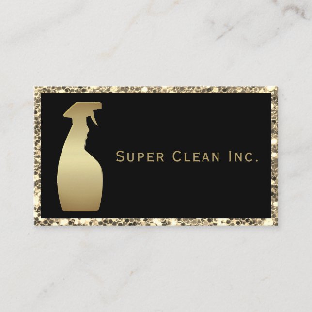 Gold Glitter Spray Bottle Luxury Cleaning Services Business Card (Front)