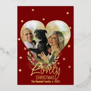 Gold Glitter Star Love Christmas Photo Heart Red Foil Holiday Card