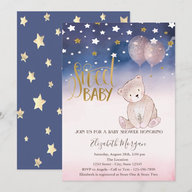 Gold Glitter Star,Teddy Bear Balloons Baby Shower  Invitation (Front/Back)