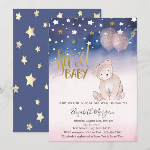 Gold Glitter Star,Teddy Bear Balloons Baby Shower Invitation
