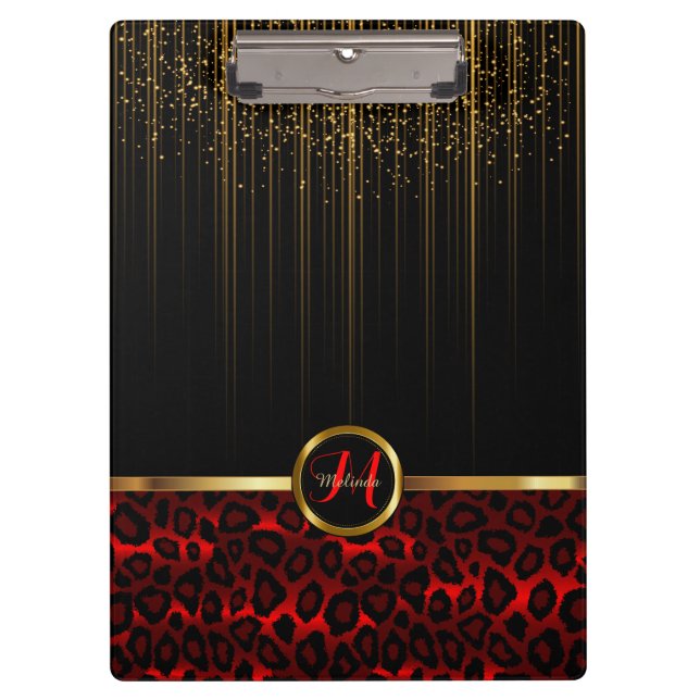 Gold Glitter Starlights & Red Leopard Skin Design Clipboard (Front)